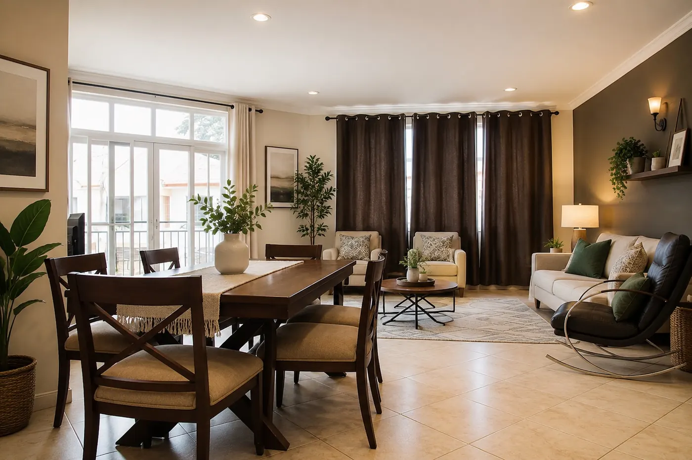Dining and living area in a family apartment