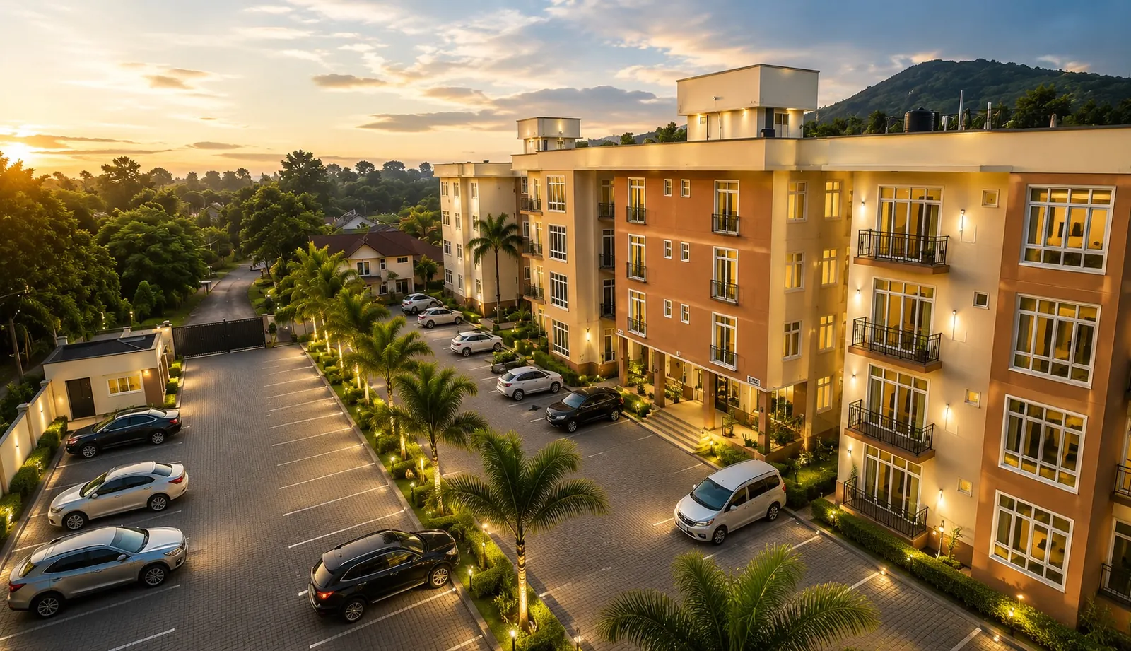 Aerial sunset view over Grand Vue Apartments, Arusha
