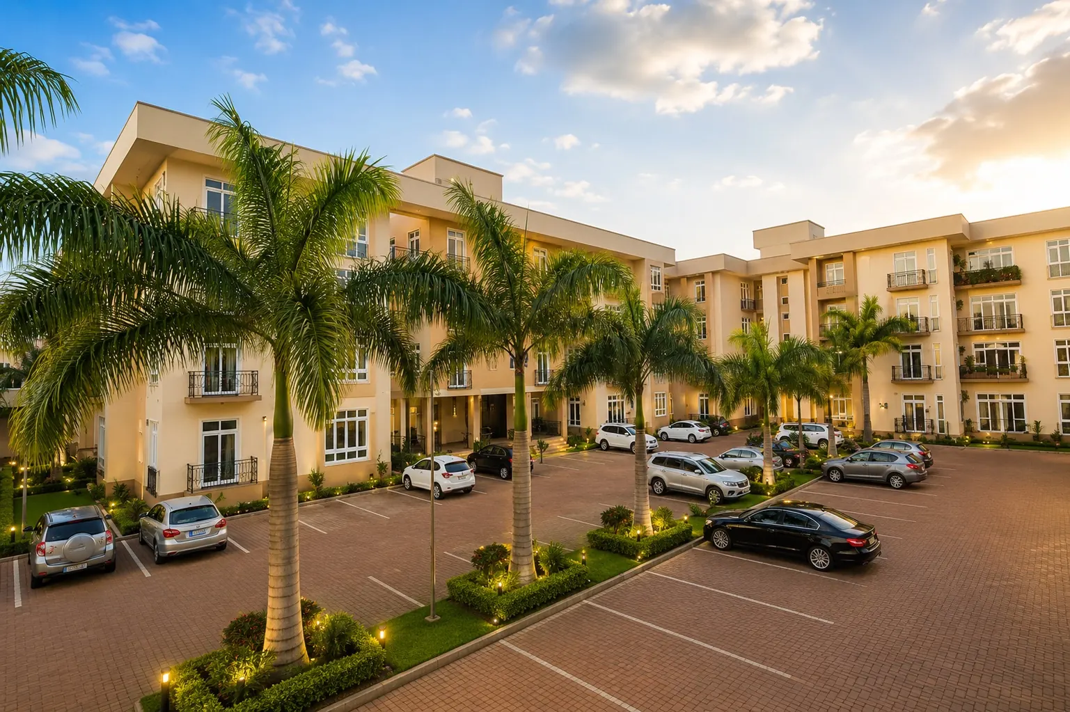 Front elevation of Grand Vue Apartments with palm-lined drive