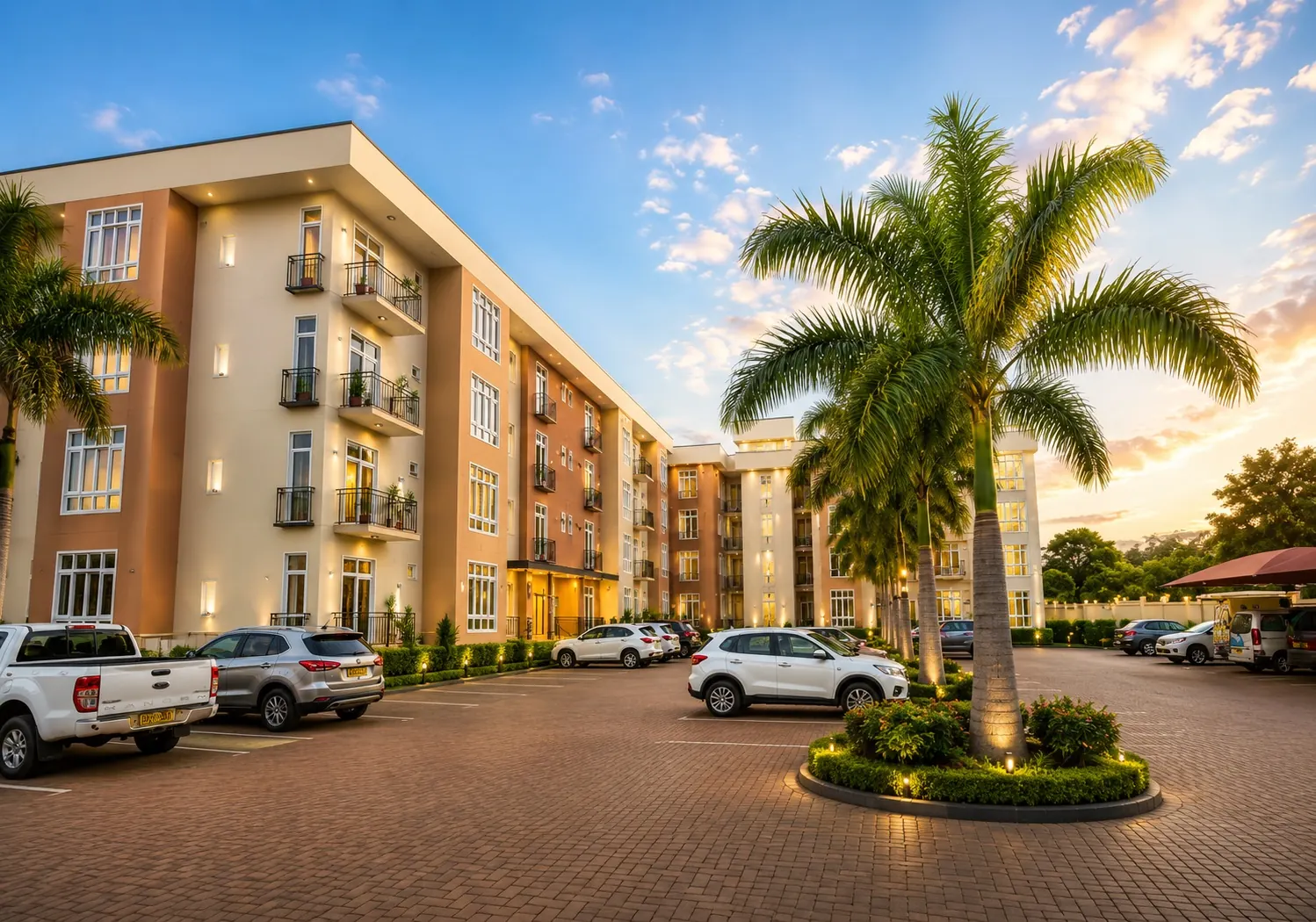 Courtyard and palms at Grand Vue Apartments at dusk
