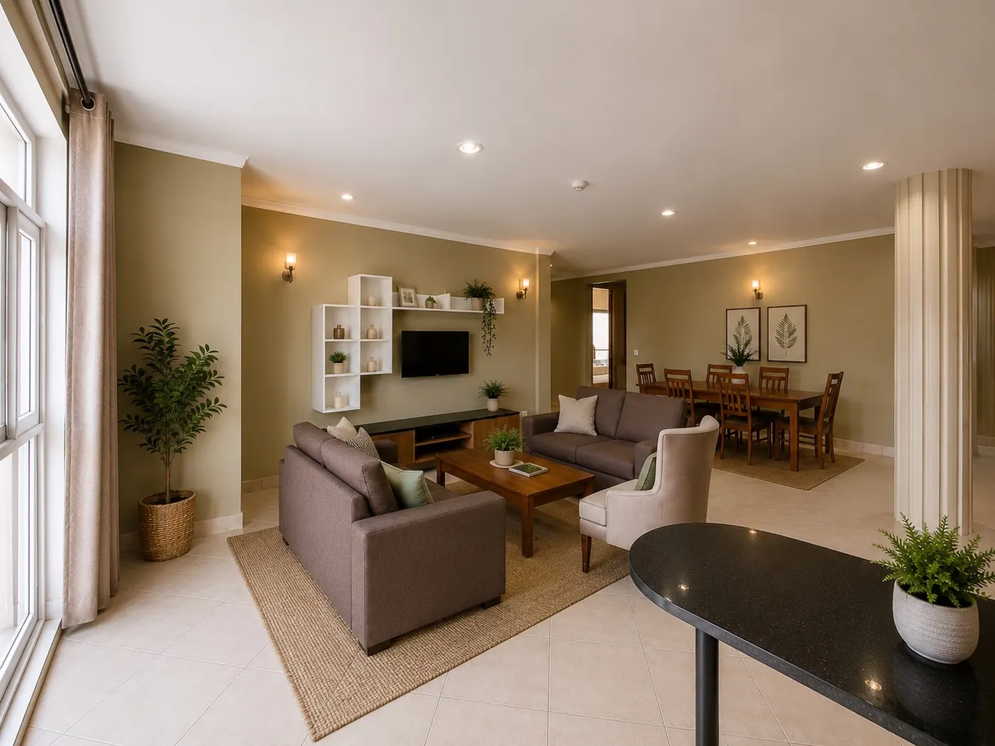 Lounge with TV in a furnished apartment
