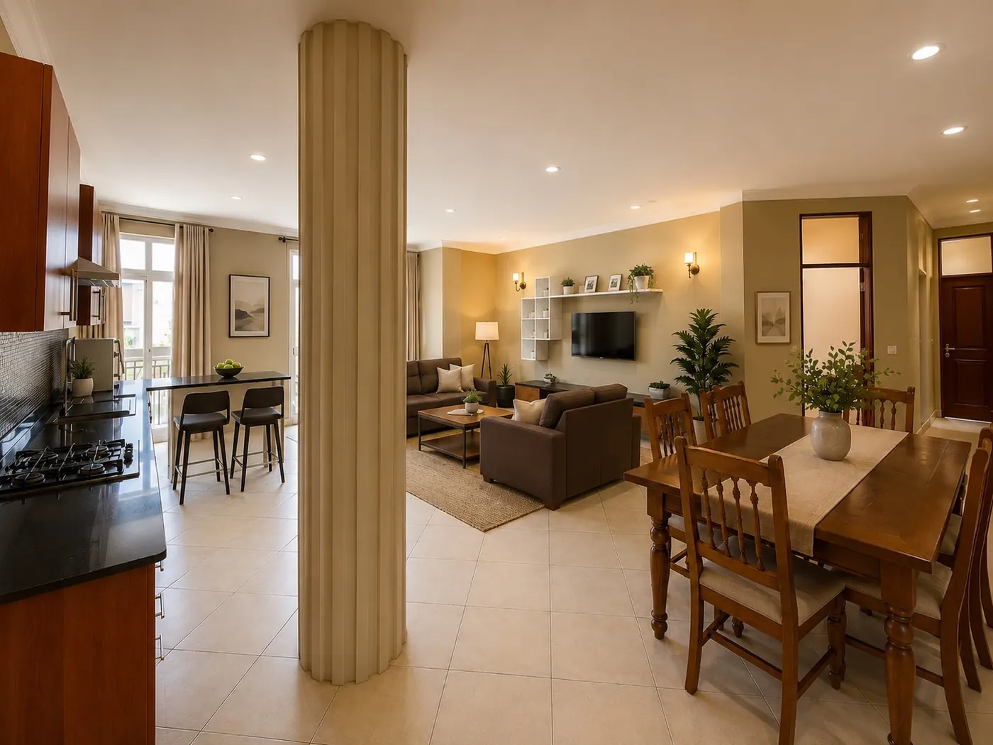 Open-plan living and dining with fluted column detail