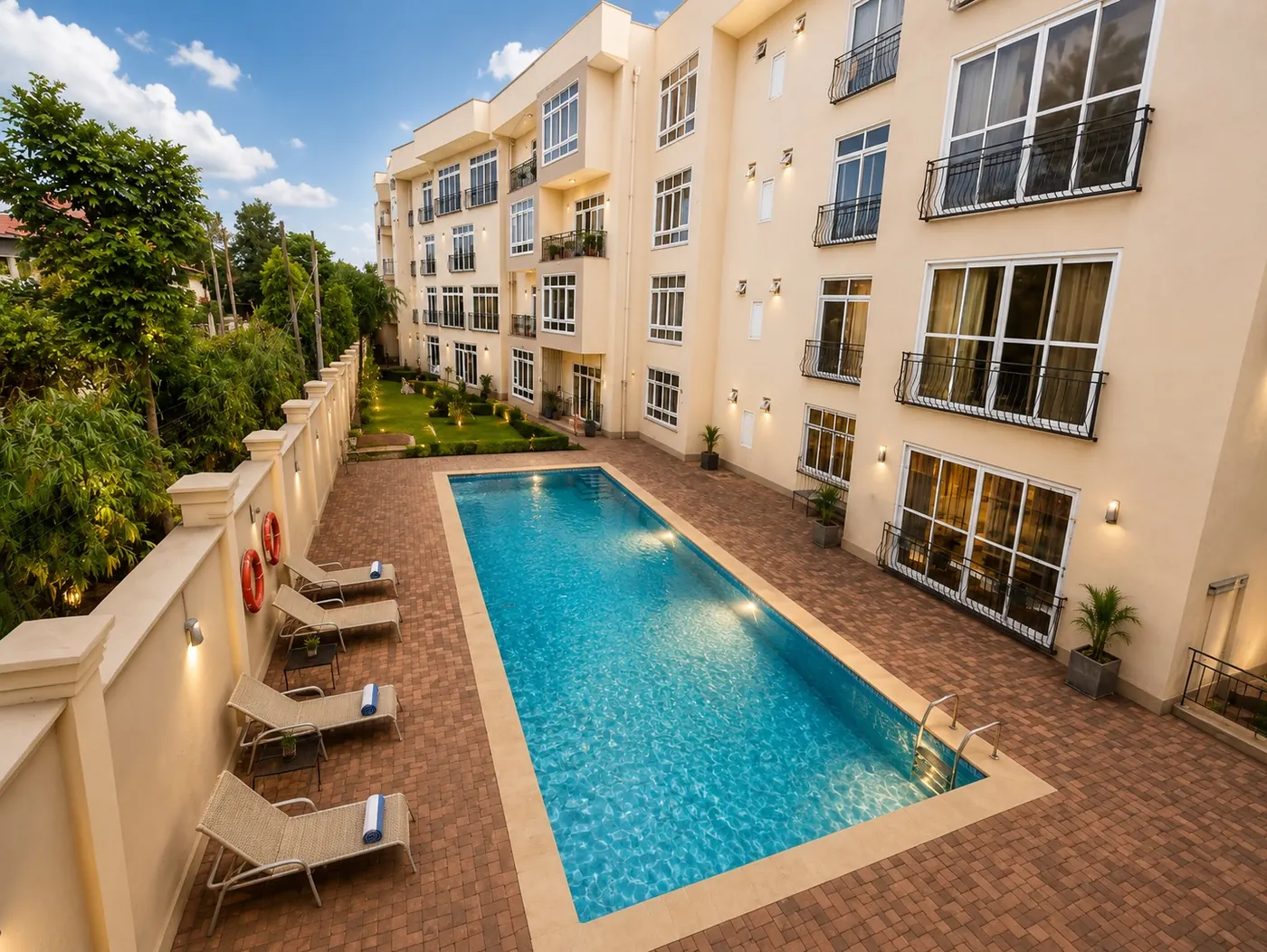 Swimming pool at Grand Vue Apartments at dusk